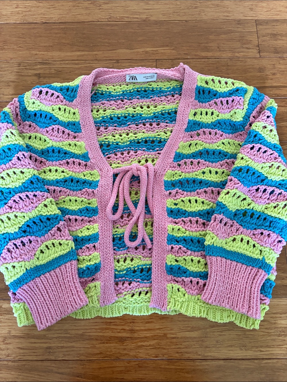 ZARA Pink Tie-Front Open Knit Cardigan with Blue and Lime Stripes